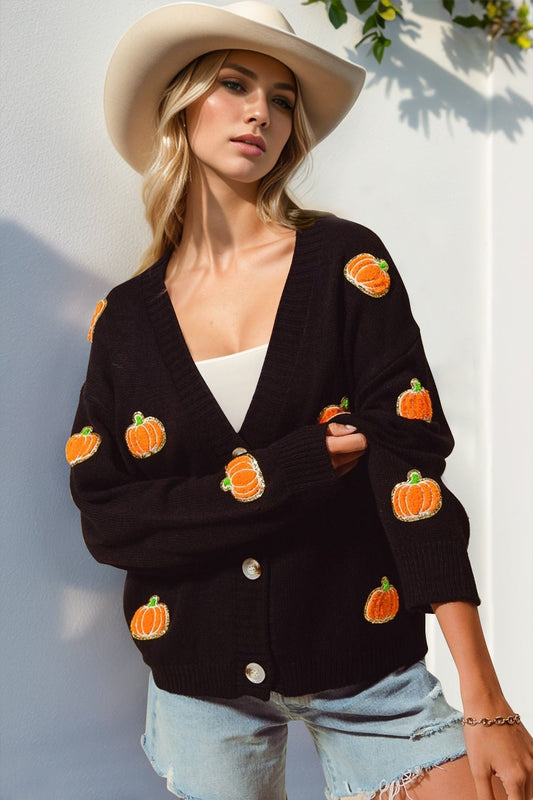 Double Take Full Size Pumpkin Button Up Long Sleeve Cardigan - Bella Blue Styles