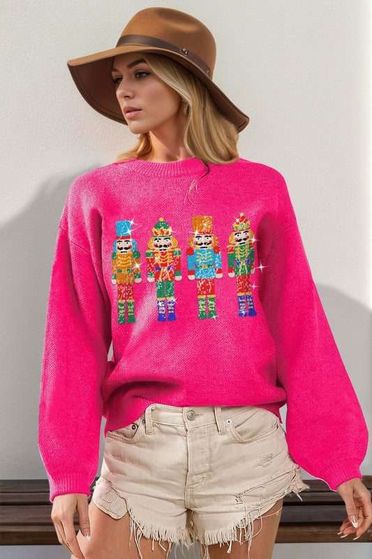 Double Take Full Size Sequin Nutcracker Long Sleeve Sweater - Bella Blue Styles