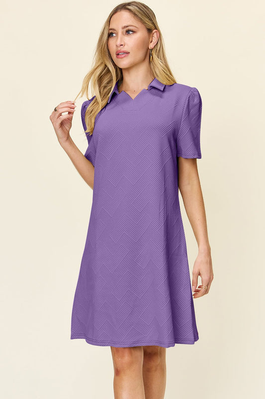 Double Take Full Size Texture Collared Neck Short Sleeve Dress - Bella Blue Styles