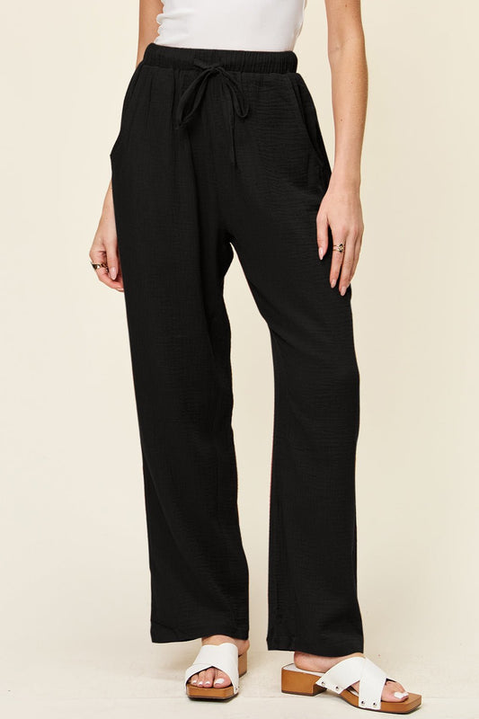 Double Take Full Size Texture Drawstring Straight Pants - Bella Blue Styles