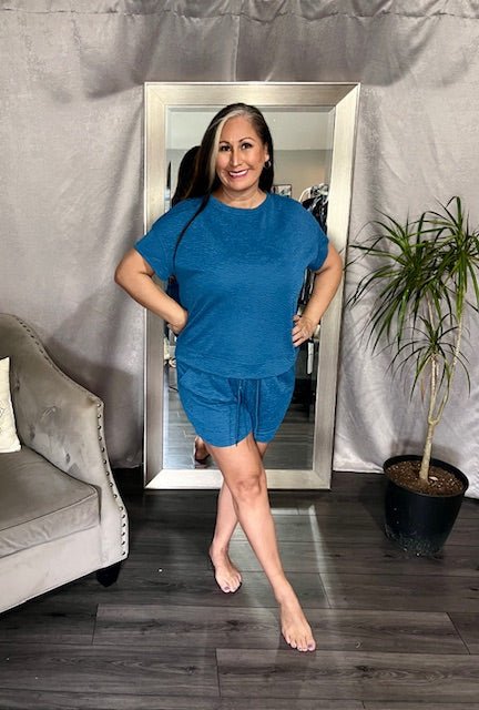 Double Take Full Size Texture Short Sleeve T-Shirt and Drawstring Shorts Set - Bella Blue Styles