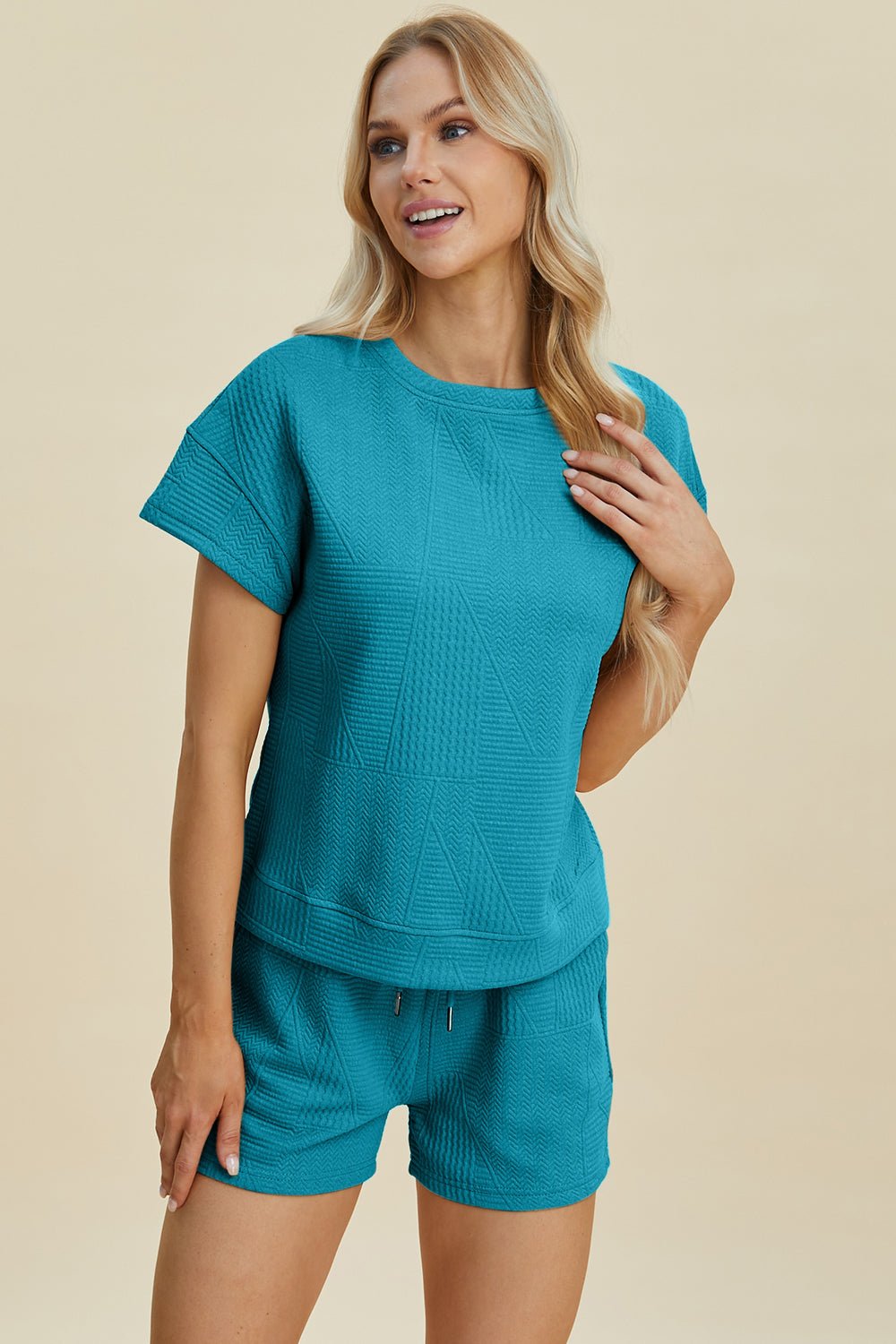 Double Take Full Size Texture Short Sleeve Top and Shorts Set - Bella Blue Styles