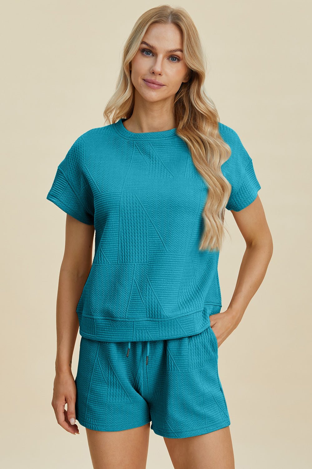 Double Take Full Size Texture Short Sleeve Top and Shorts Set - Bella Blue Styles