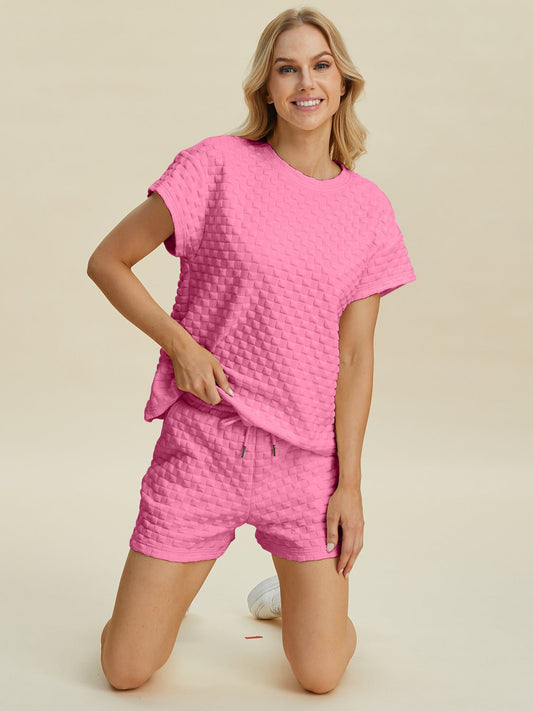 Double Take Full Size Texture T-Shirt and Shorts Set - Bella Blue Styles