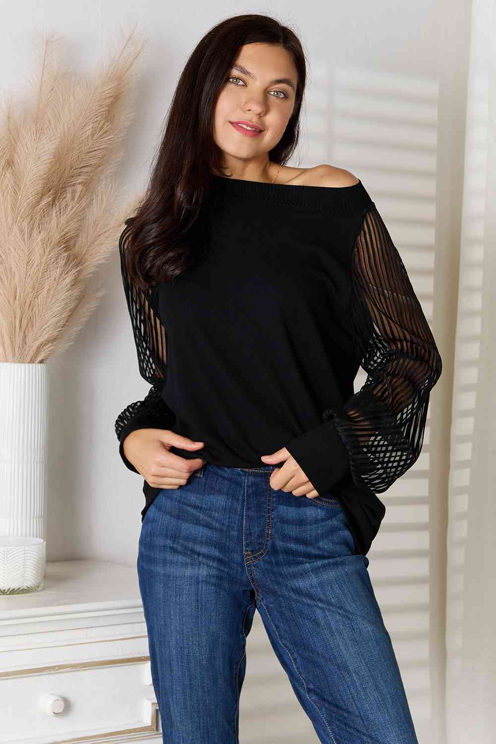 Double Take Round Neck Raglan Sleeve Blouse - Bella Blue Styles