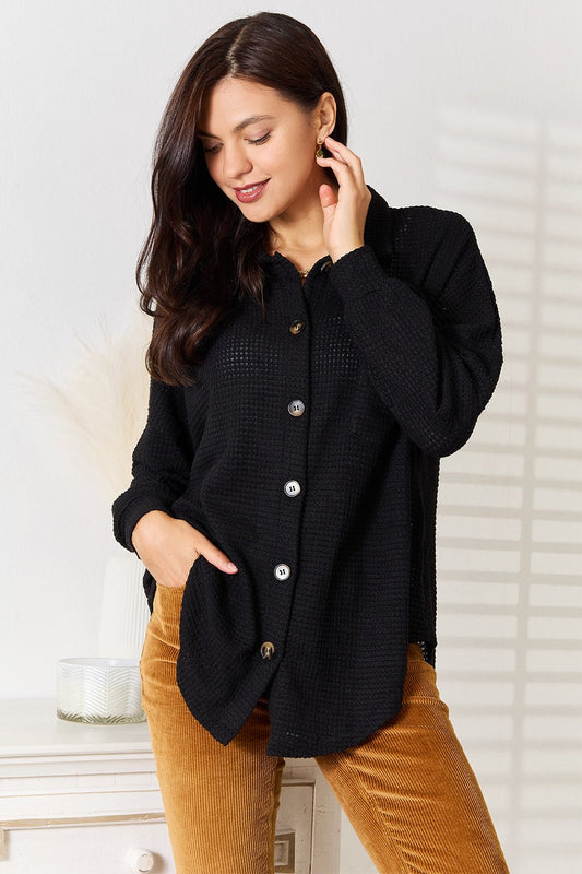 Double Take Waffle - Knit Collared Neck Dropped Shoulder Shirt - Bella Blue Styles