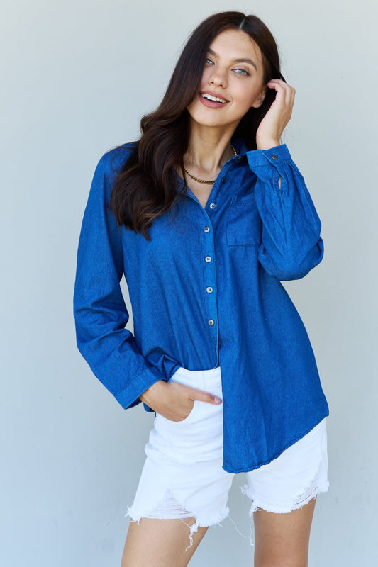 Doublju Blue Jean Baby Denim Button Down Shirt Top in Dark Blue - Bella Blue Styles