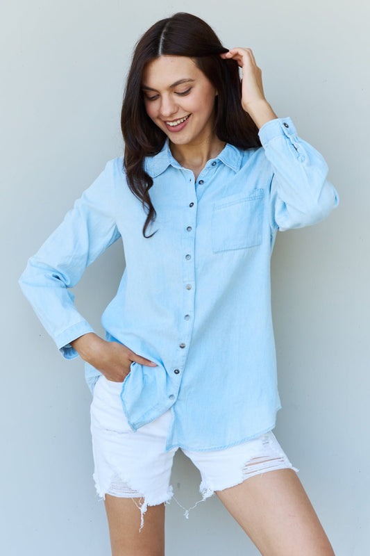 Doublju Blue Jean Baby Denim Button Down Shirt Top in Light Blue - Bella Blue Styles