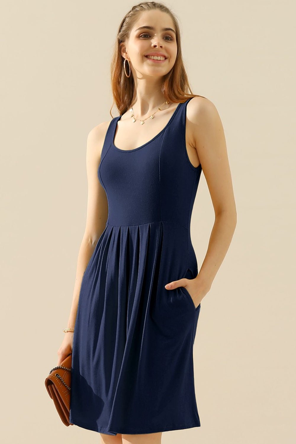 Doublju Full Size Round Neck Ruched Sleeveless Dress with Pockets - Bella Blue Styles