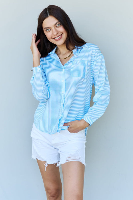 Doublju She Means Business Striped Button Down Shirt Top - Bella Blue Styles