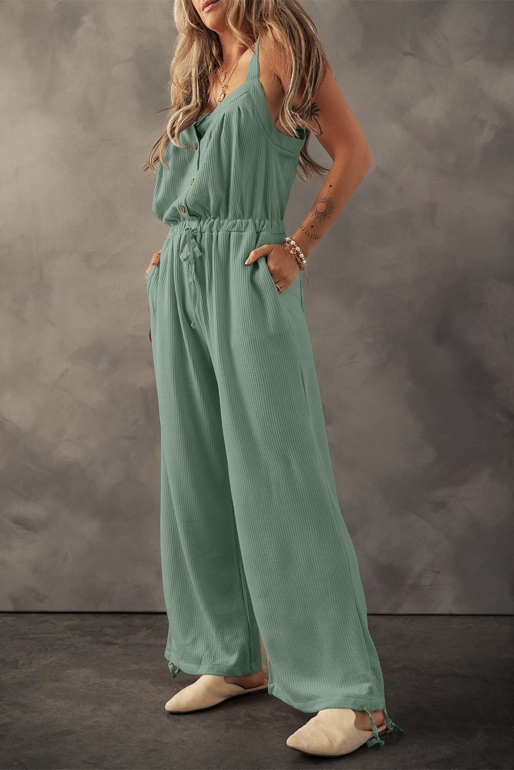 Drawstring Wide Strap Wide Leg Overalls - Bella Blue Styles