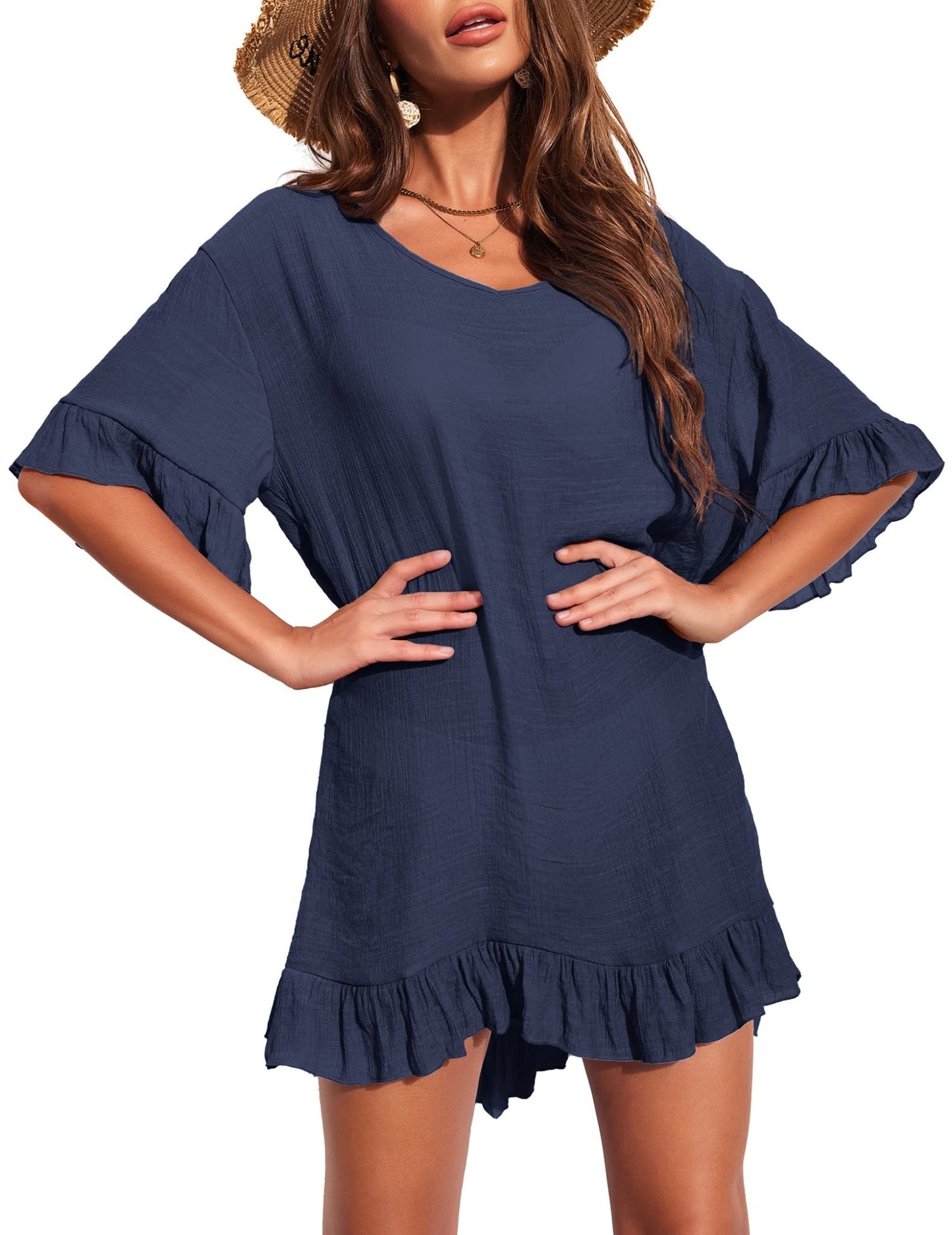 Ekouaer Bathing Suits Cover Up for Women Swimwear Sexy V Neck Coverups Dresses Bikini Beach Cover Tops (Navy, Large) - Bella Blue Styles