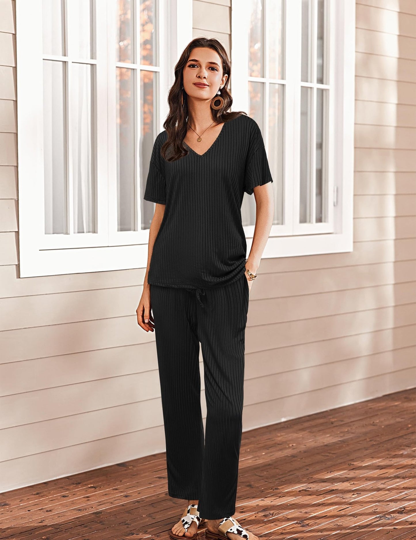 Ekouaer Lounge Sets for Women Short Sleeve Top and Long Pants Ribbed Knit Pajama Set 2 Piece PJ Sets Outfits Black - Bella Blue Styles