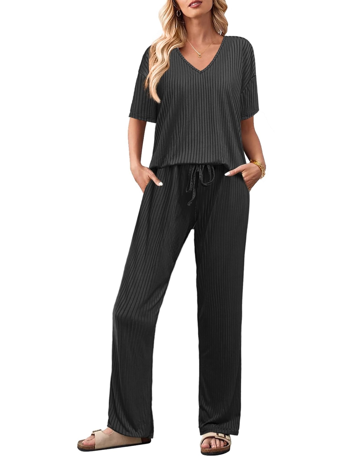 Ekouaer Lounge Sets for Women Short Sleeve Top and Long Pants Ribbed Knit Pajama Set 2 Piece PJ Sets Outfits Black - Bella Blue Styles