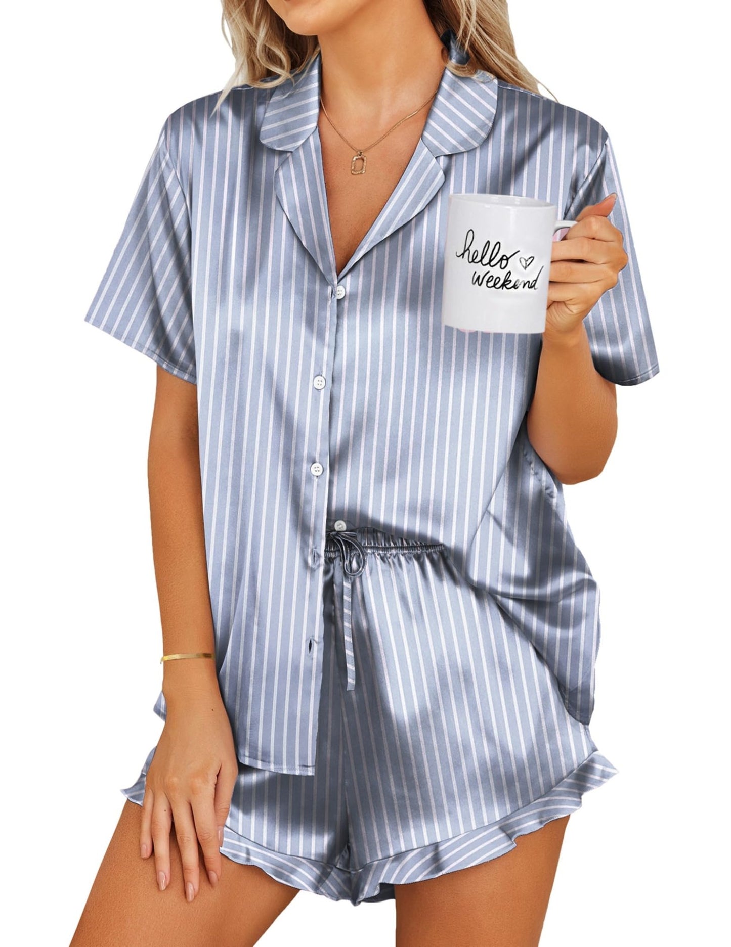 Ekouaer Silk Pajamas Womens Short Sleeve Sleepwear 2 Piece Satin Pjs Shorts Set Button Down Loungewear Striped Grey Blue M - Bella Blue Styles