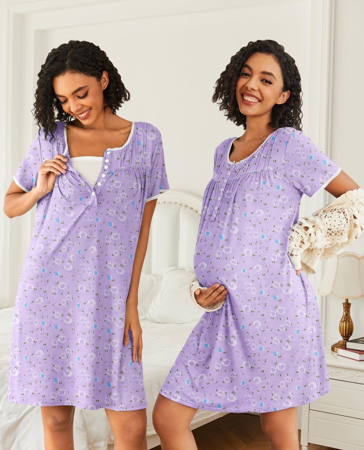 Ekouaer Womens Nightgown Button Down Sleep Shirts Lace Sleepwear Short Sleeve Nightshirt Mumu Sleep dress with Pockets S - XXXL - Bella Blue Styles