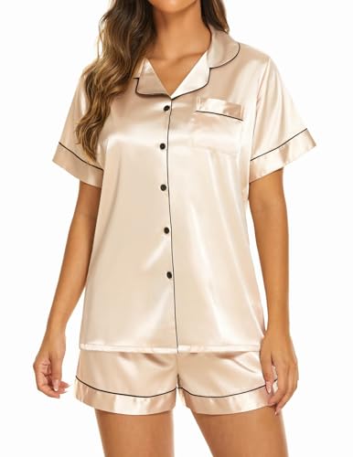 Ekouaer Womens Satin Silk Pajamas Set Short Sleeve Button Down Top and Shorts Sleepwear 2 Piece Pjs Set,Champagne,Small - Bella Blue Styles