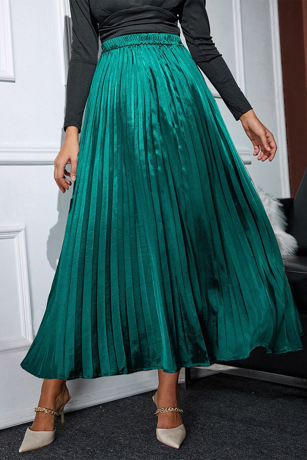 Elastic Waist Pleated Midi Skirt - Bella Blue Styles