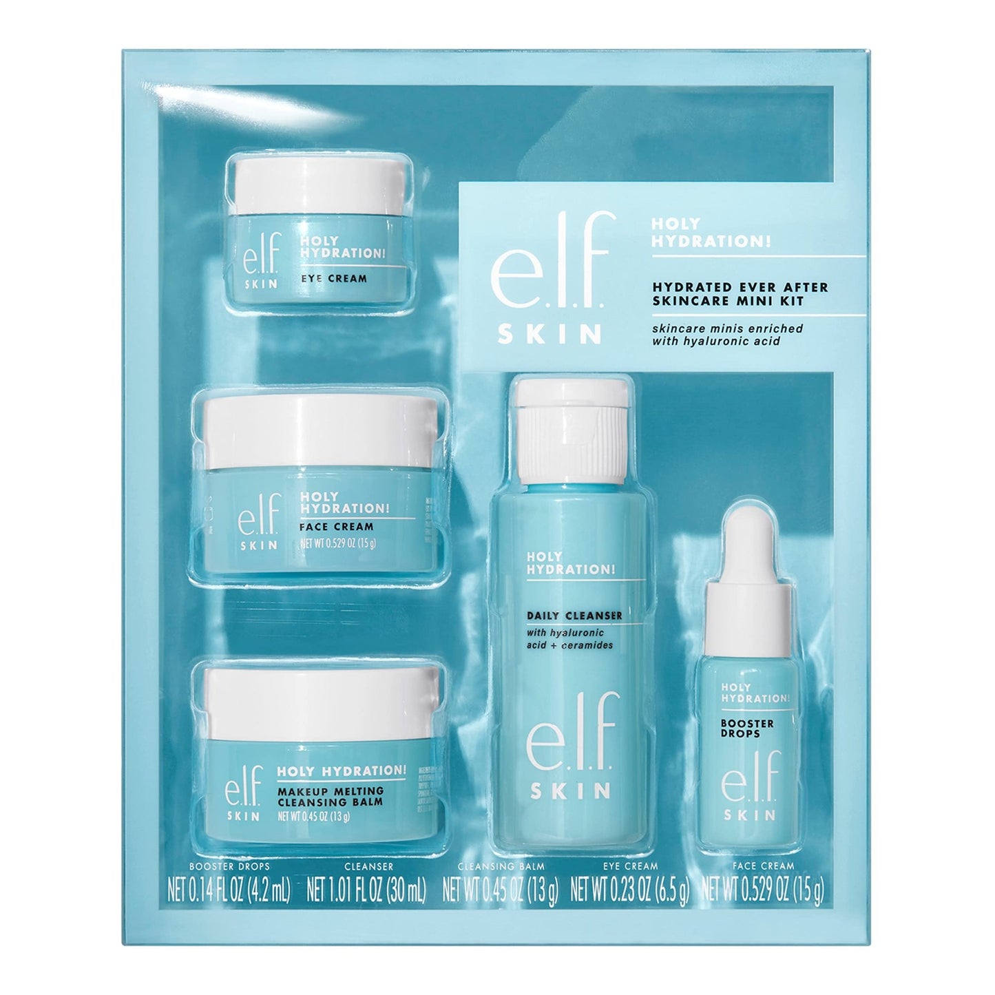 e.l.f. SKIN Hydrated Ever After Skincare Mini Kit, Cleanser, Makeup Remover, Moisturiser & Eye Cream For Hydrating Skin, Airplane - Friendly Sizes - Bella Blue Styles