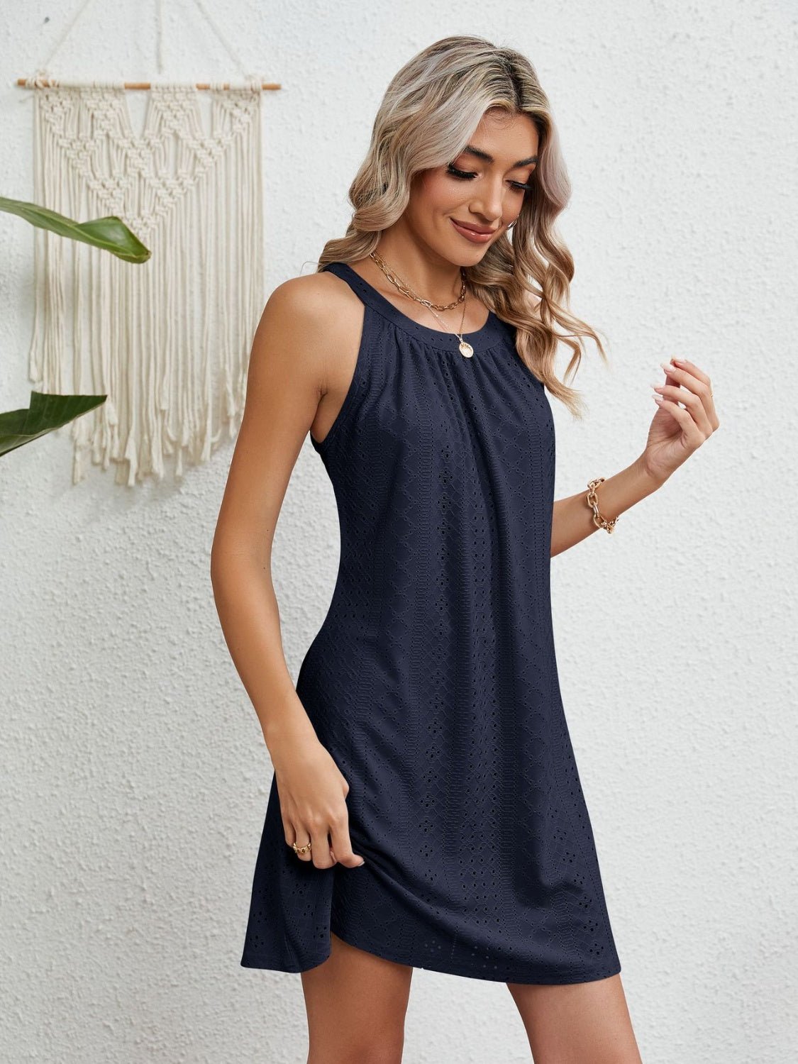 Eyelet Grecian Neck Mini Dress - Bella Blue Styles