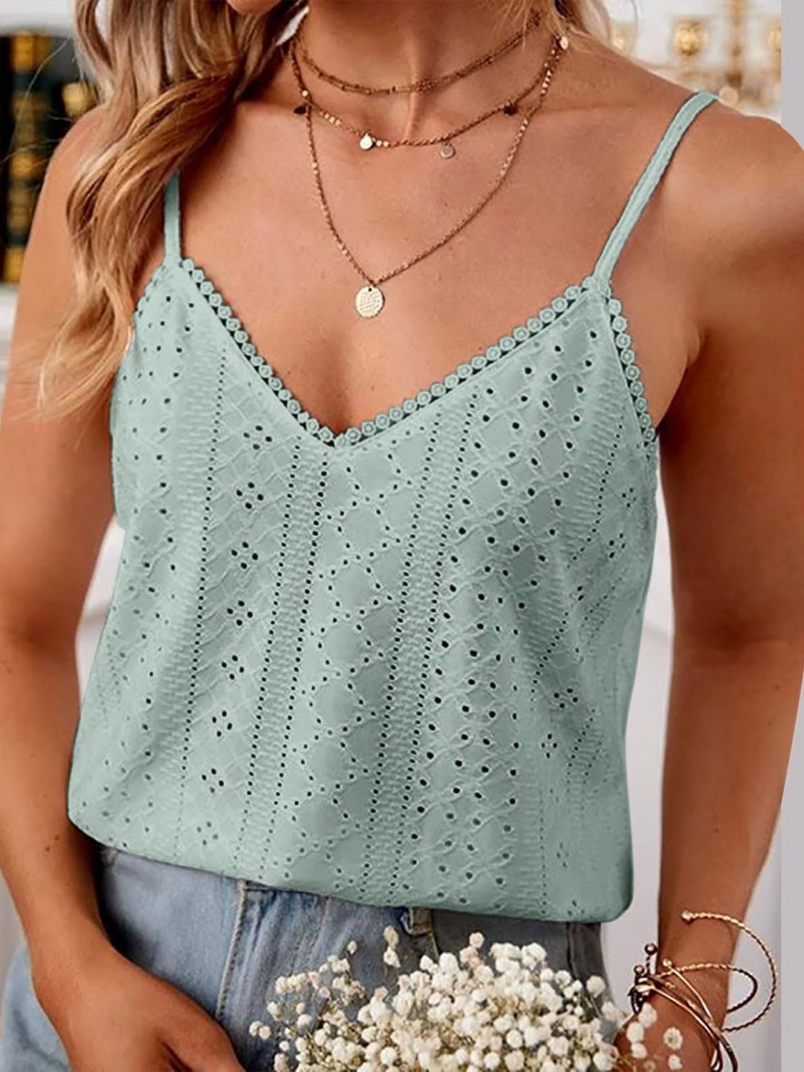 Eyelet Lace Detail V - Neck Cami - Bella Blue Styles