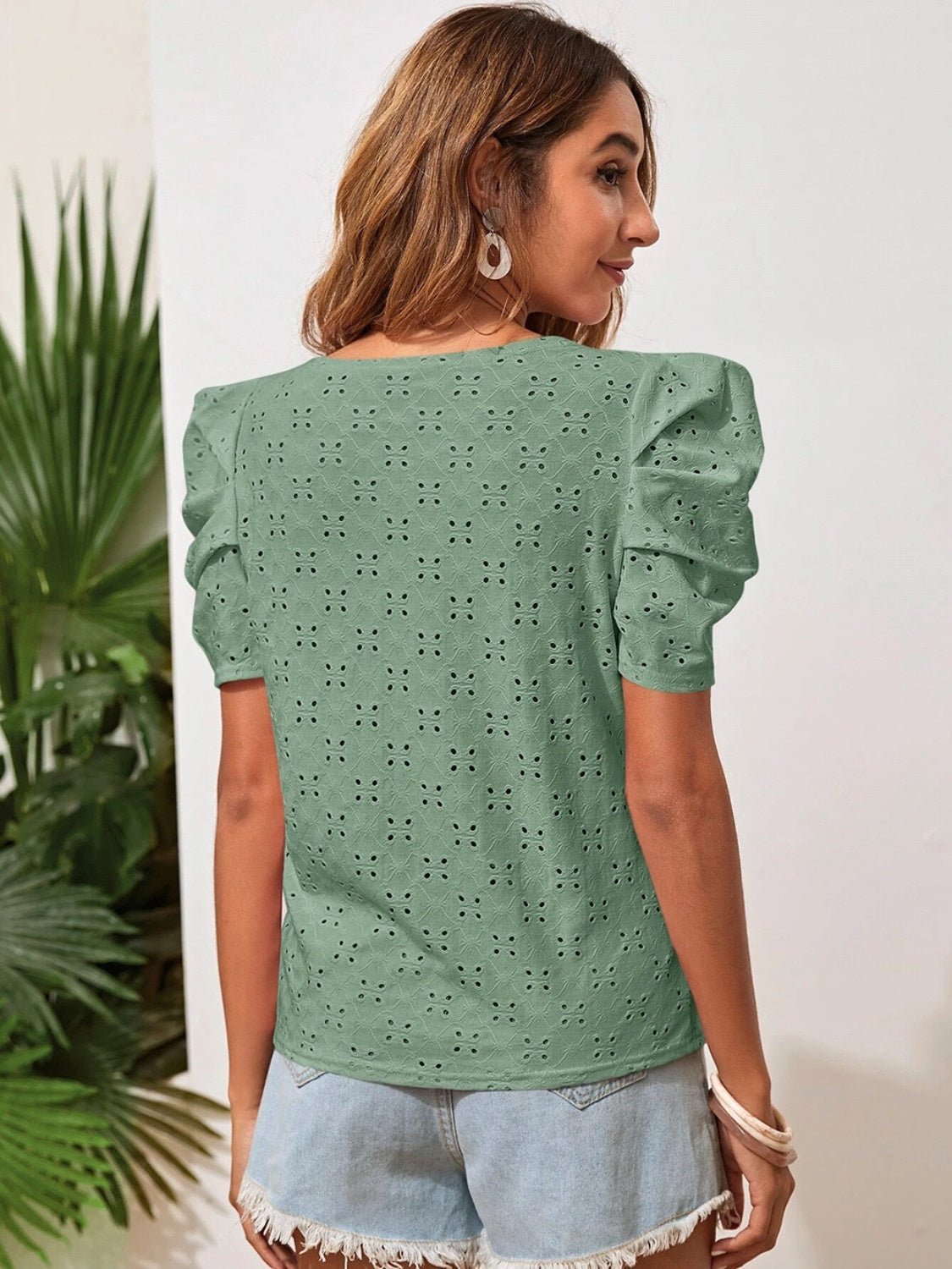 Eyelet Round Neck Puff Sleeve Blouse - Bella Blue Styles