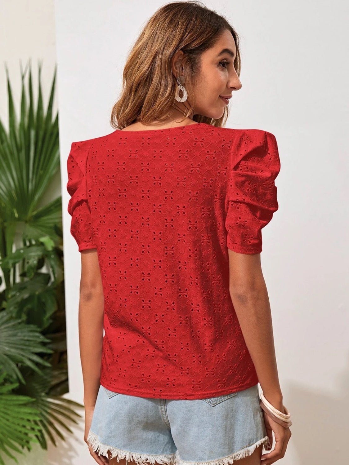 Eyelet Round Neck Puff Sleeve Blouse - Bella Blue Styles