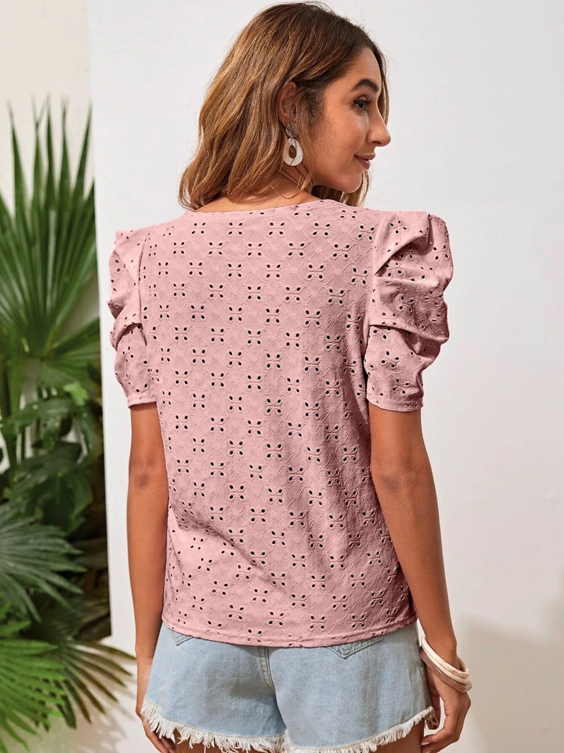 Eyelet Round Neck Puff Sleeve Blouse - Bella Blue Styles