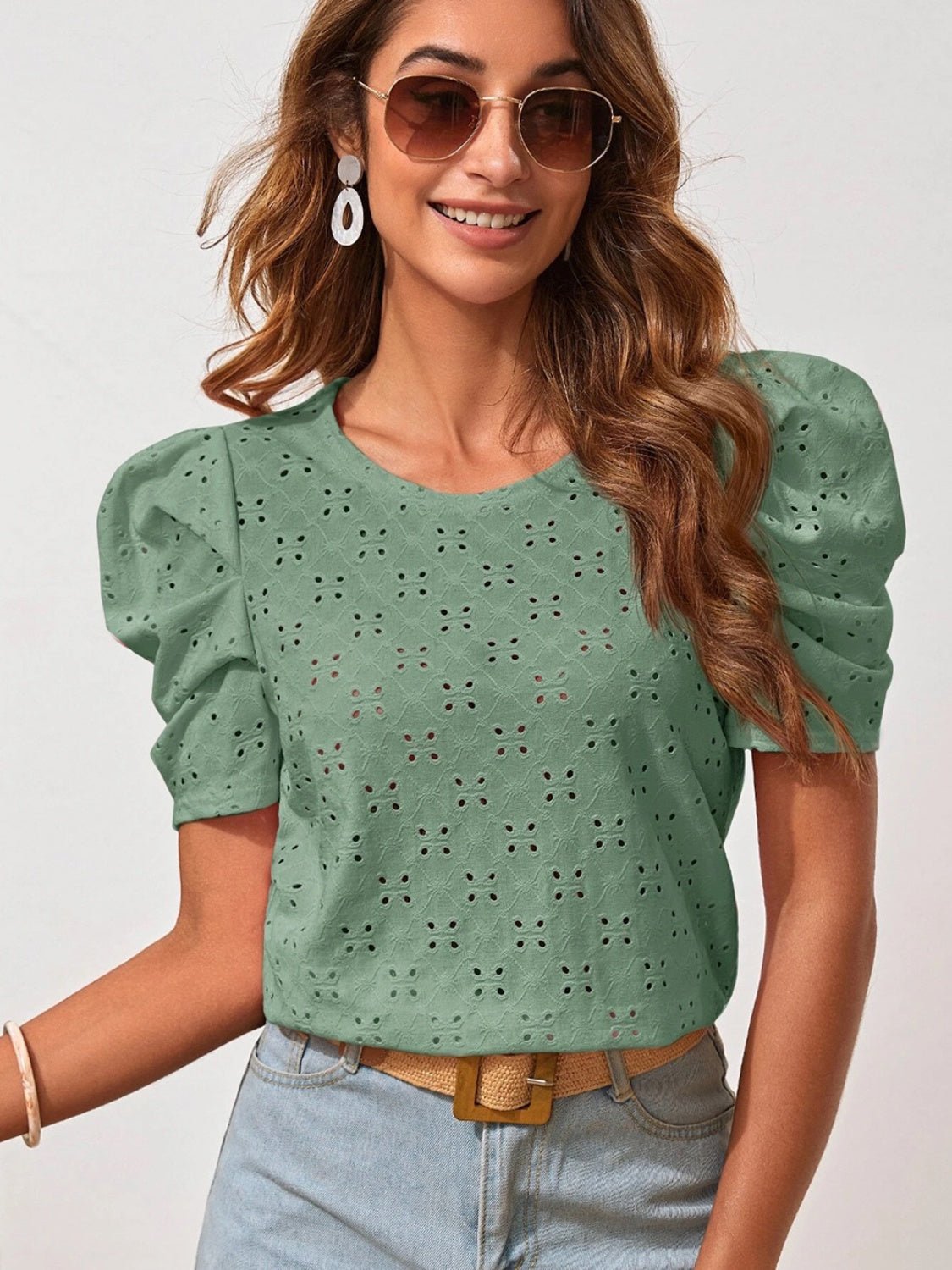 Eyelet Round Neck Puff Sleeve Blouse - Bella Blue Styles