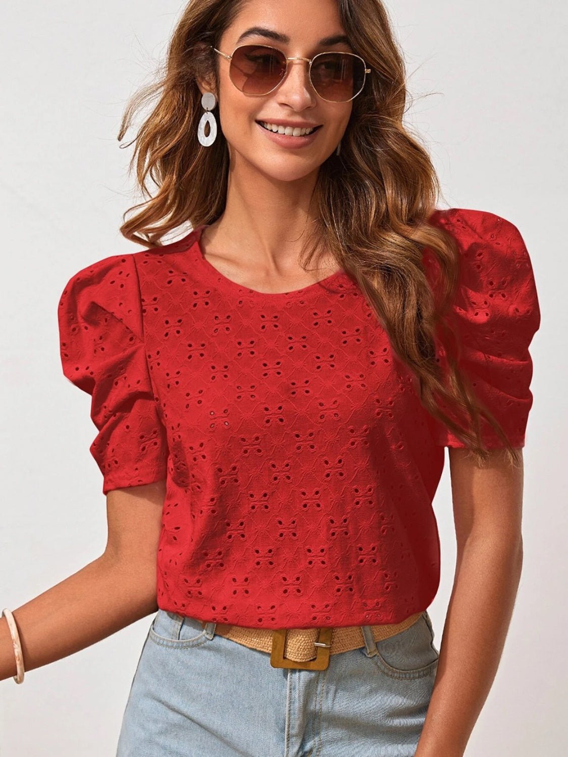 Eyelet Round Neck Puff Sleeve Blouse - Bella Blue Styles