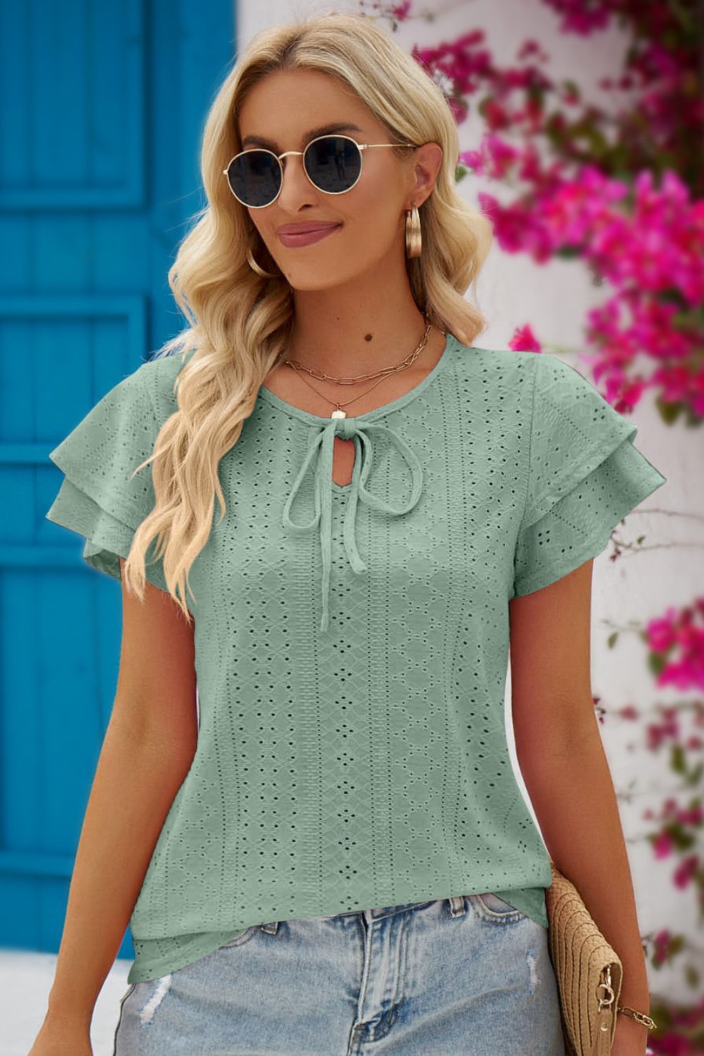 Eyelet Tie-Neck Flutter Sleeve Blouse - Bella Blue Styles