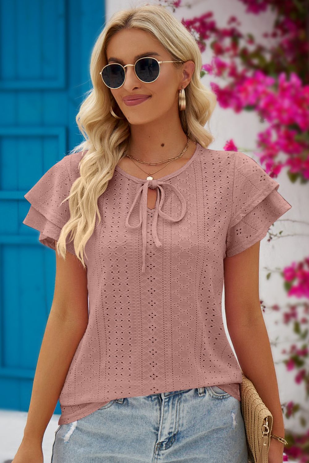 Eyelet Tie-Neck Flutter Sleeve Blouse - Bella Blue Styles