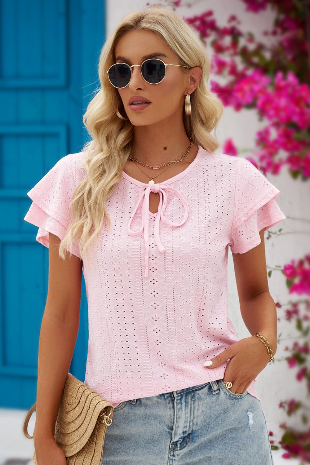 Eyelet Tie-Neck Flutter Sleeve Blouse - Bella Blue Styles