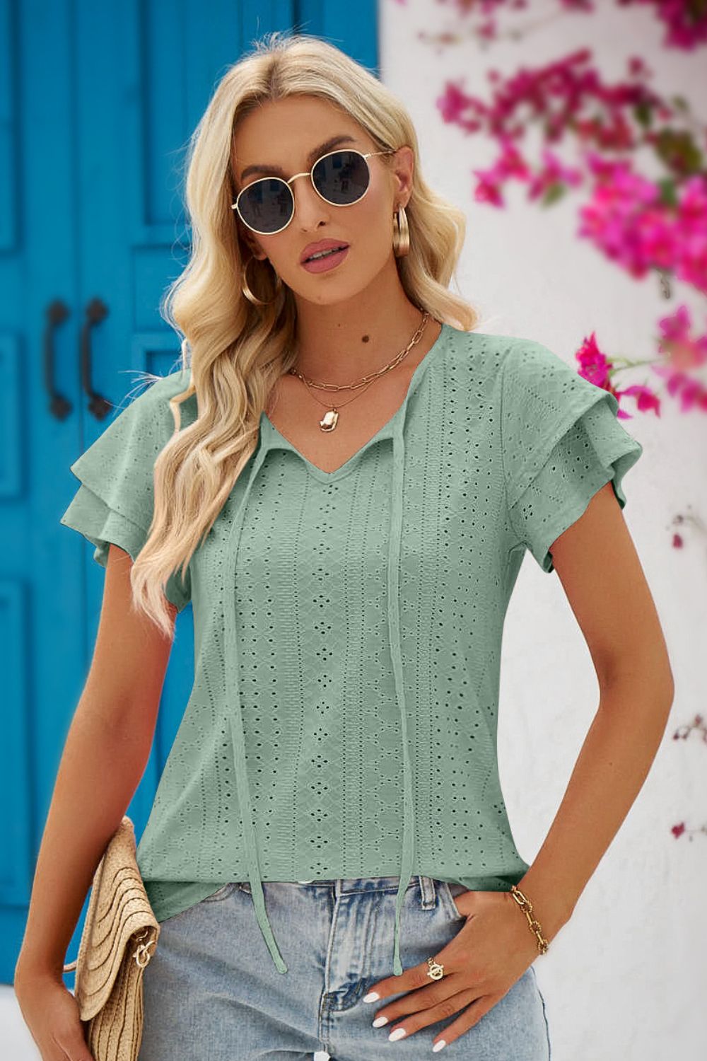 Eyelet Tie-Neck Flutter Sleeve Blouse - Bella Blue Styles