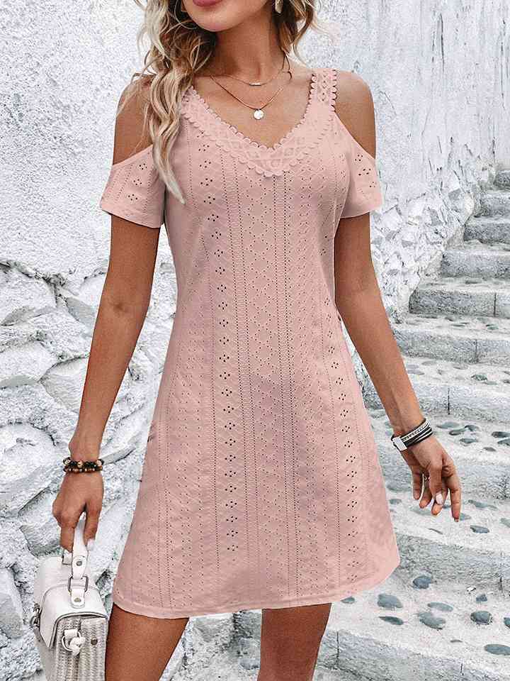 Eyelet V-Neck Cold-Shoulder Mini Dress - Bella Blue Styles