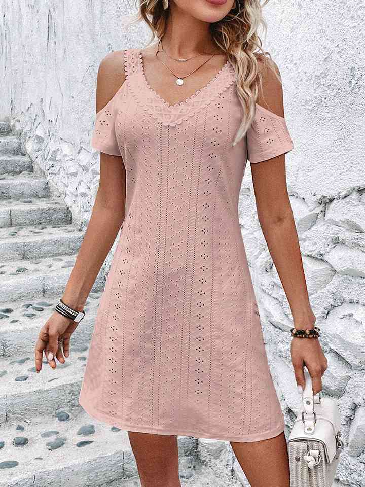 Eyelet V-Neck Cold-Shoulder Mini Dress - Bella Blue Styles