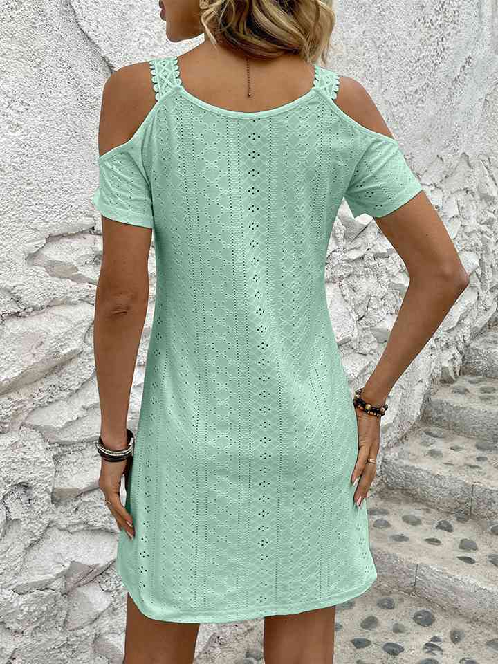 Eyelet V-Neck Cold-Shoulder Mini Dress - Bella Blue Styles