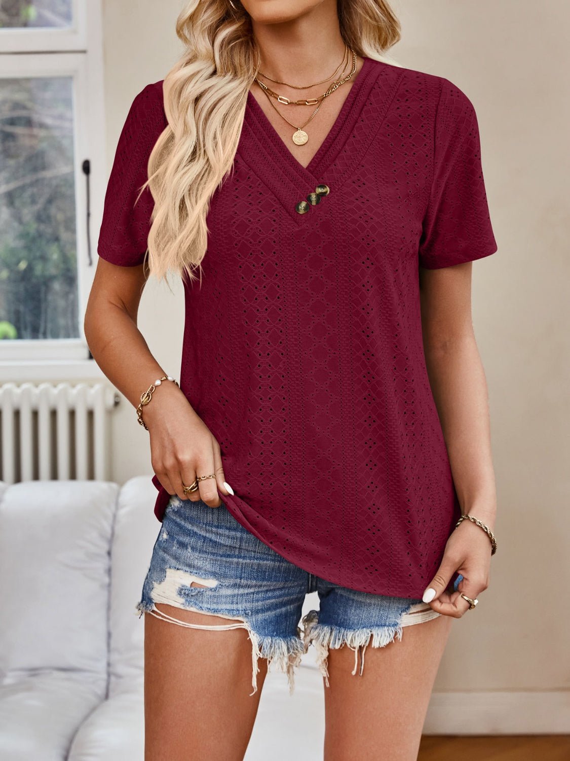 Eyelet V - Neck Short Sleeve Top - Bella Blue Styles