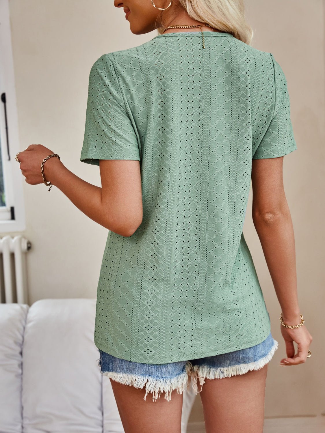 Eyelet V - Neck Short Sleeve Top - Bella Blue Styles