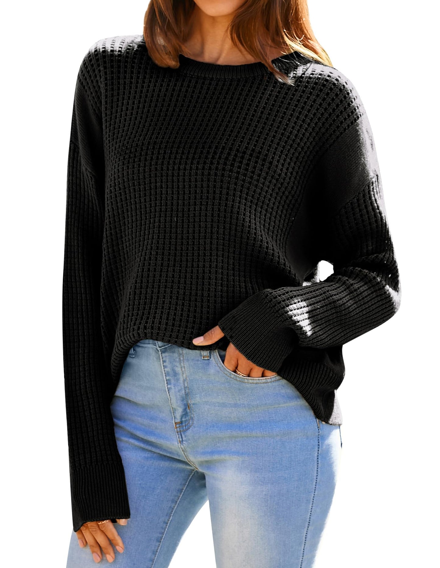 Fall Sweaters for Women 2024 Crewneck Crochet Loose Pullover Sweater Top Black S - Bella Blue Styles