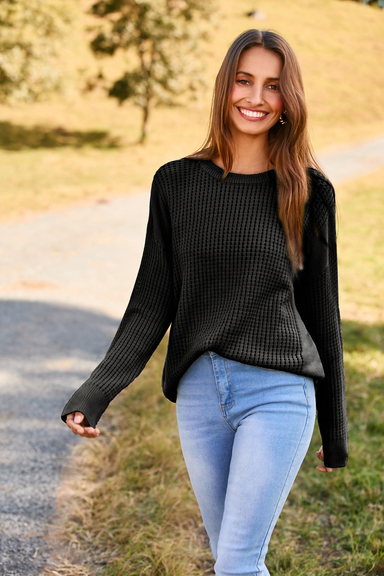 Fall Sweaters for Women 2024 Crewneck Crochet Loose Pullover Sweater Top Black S - Bella Blue Styles