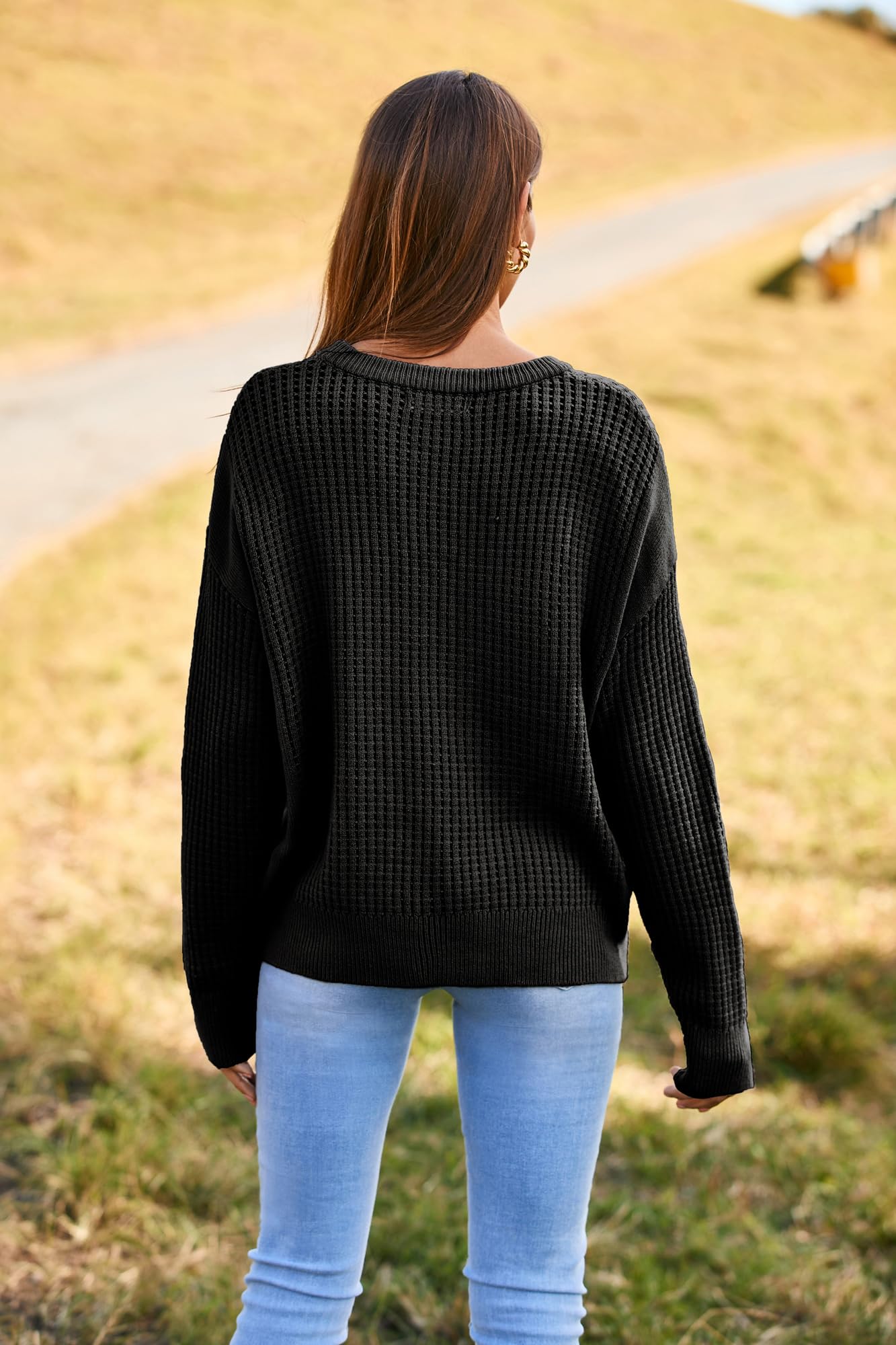 Fall Sweaters for Women 2024 Crewneck Crochet Loose Pullover Sweater Top Black S - Bella Blue Styles