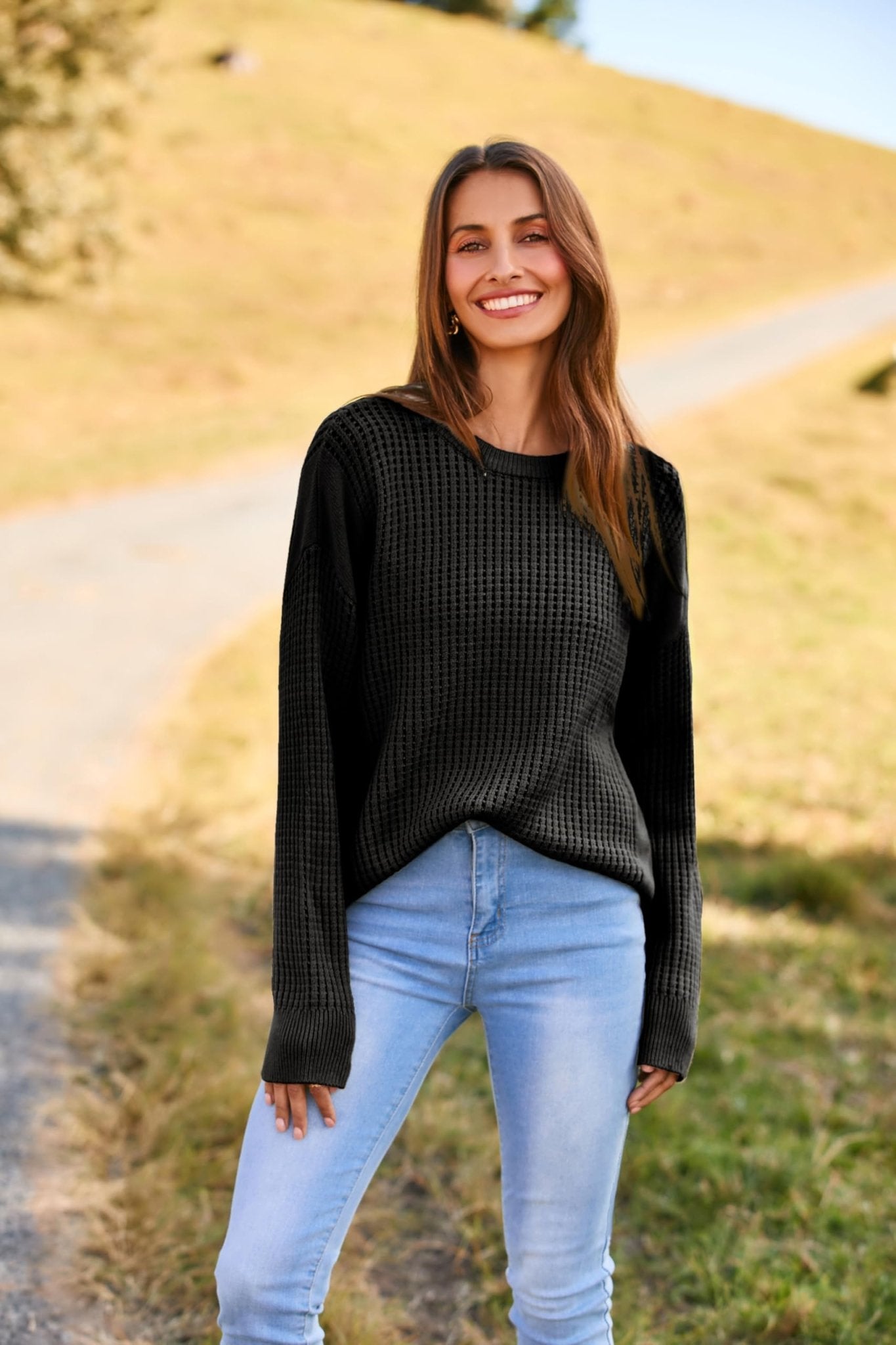 Fall Sweaters for Women 2024 Crewneck Crochet Loose Pullover Sweater Top Black S - Bella Blue Styles