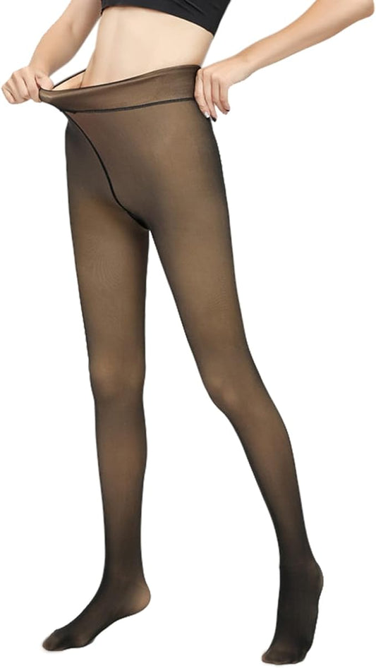 Faux Translucent Fleece Lined Tights One Size Fits Most Black Sheer/Grey Footed - Bella Blue Styles