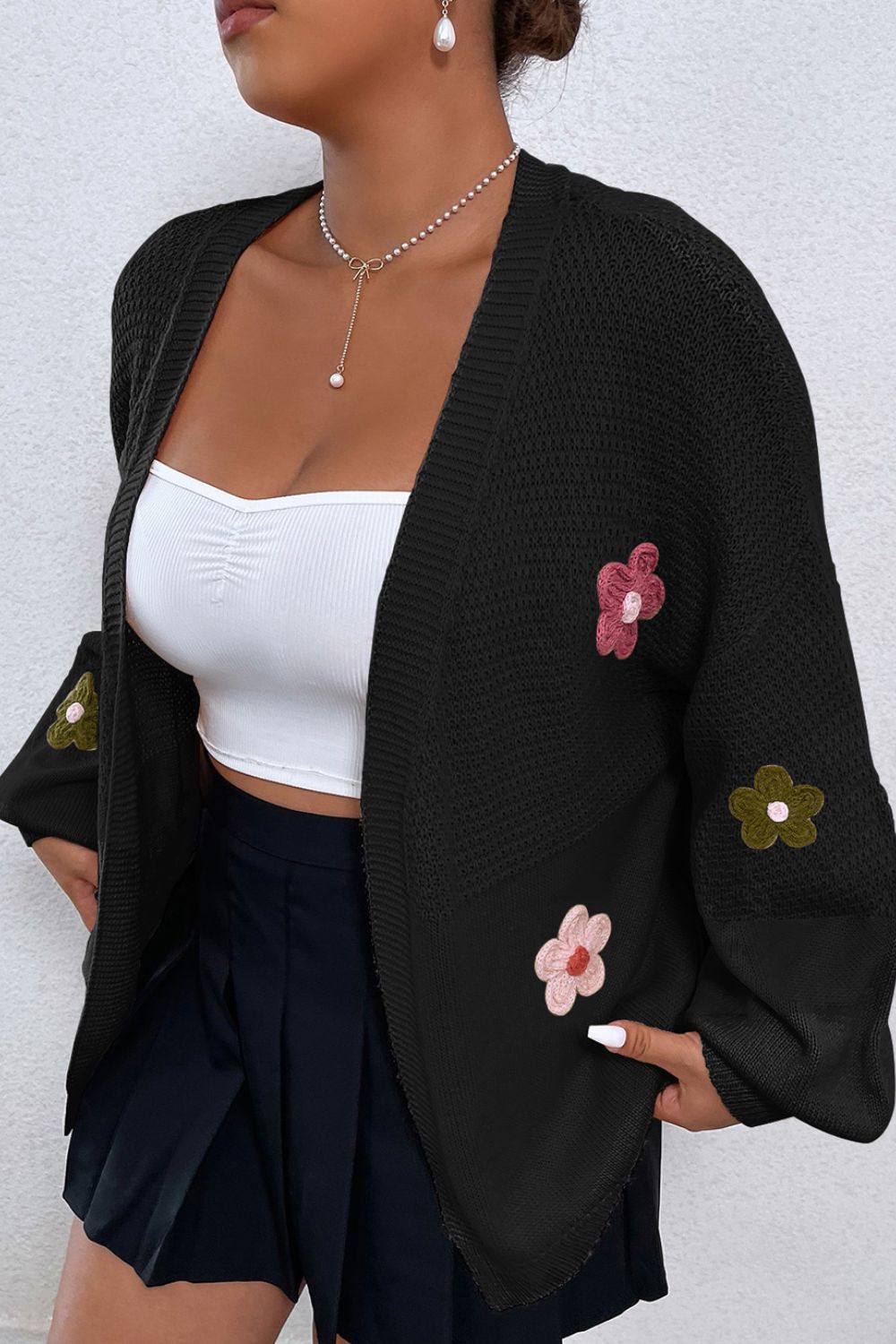 Floral Applique Drop Shoulder Open Front Cardigan - Bella Blue Styles