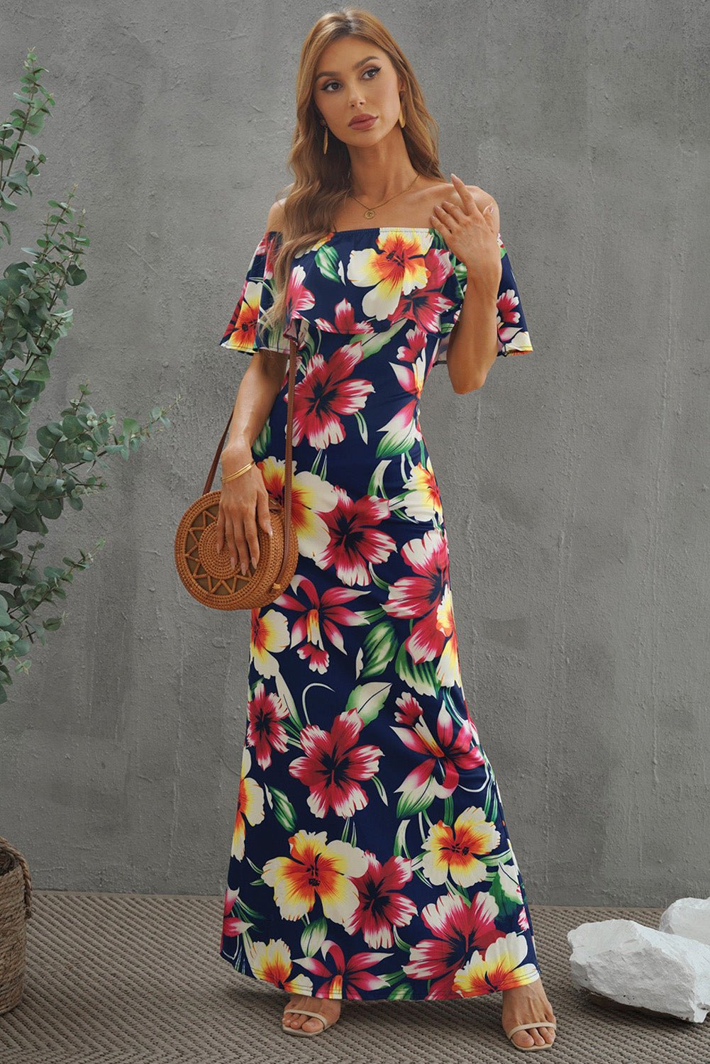 Floral Layered Off-Shoulder Maxi Dress - Bella Blue Styles