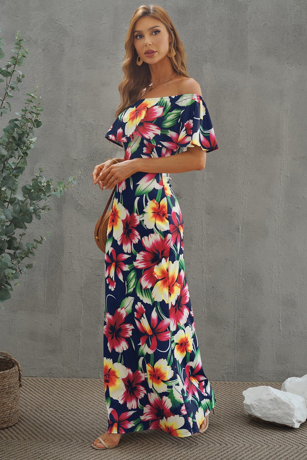 Floral Layered Off-Shoulder Maxi Dress - Bella Blue Styles