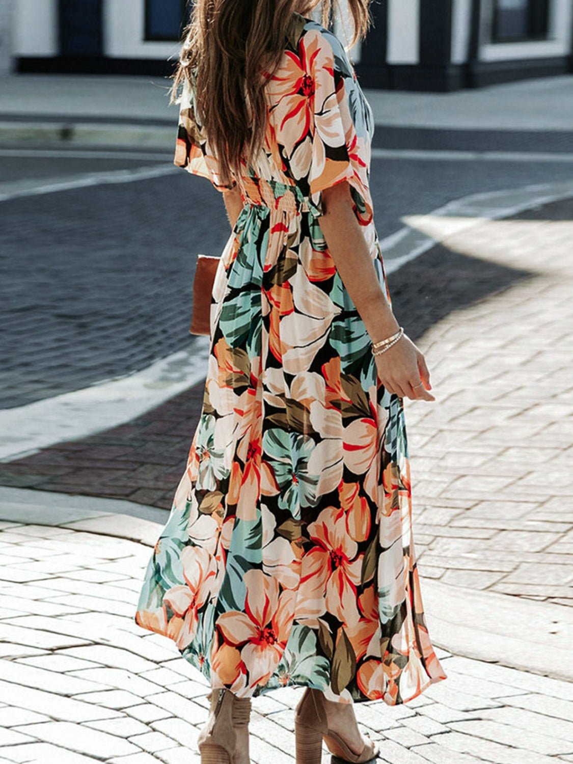 Floral Plunge Half Sleeve Dress - Bella Blue Styles