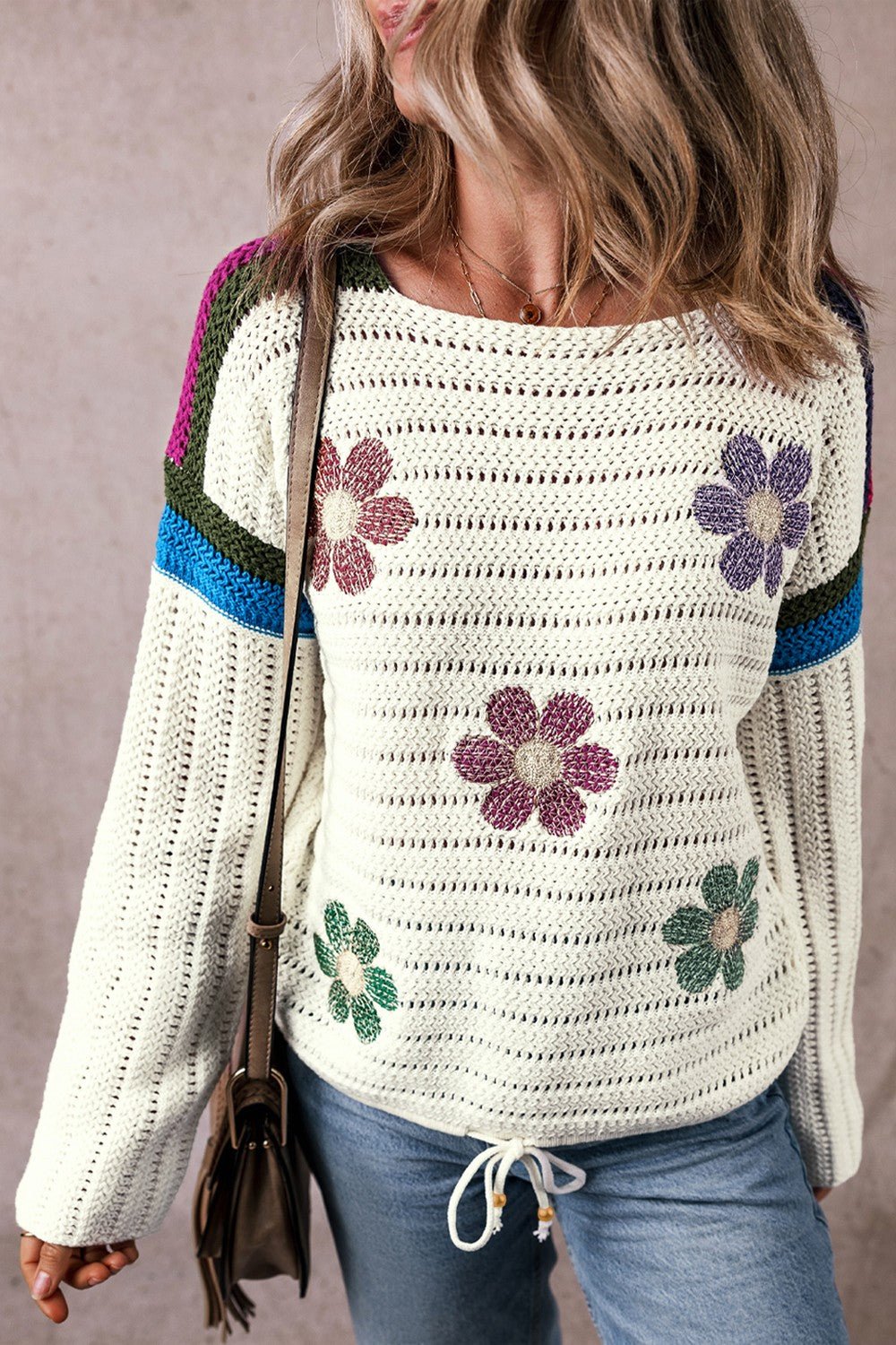 Flower Round Neck Long Sleeve Sweater - Bella Blue Styles