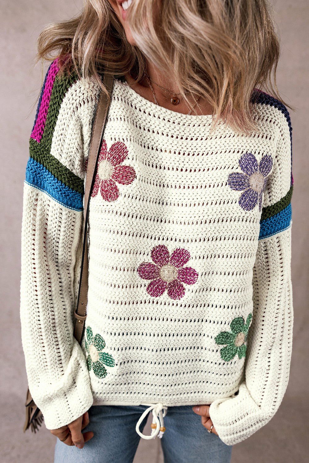 Flower Round Neck Long Sleeve Sweater - Bella Blue Styles